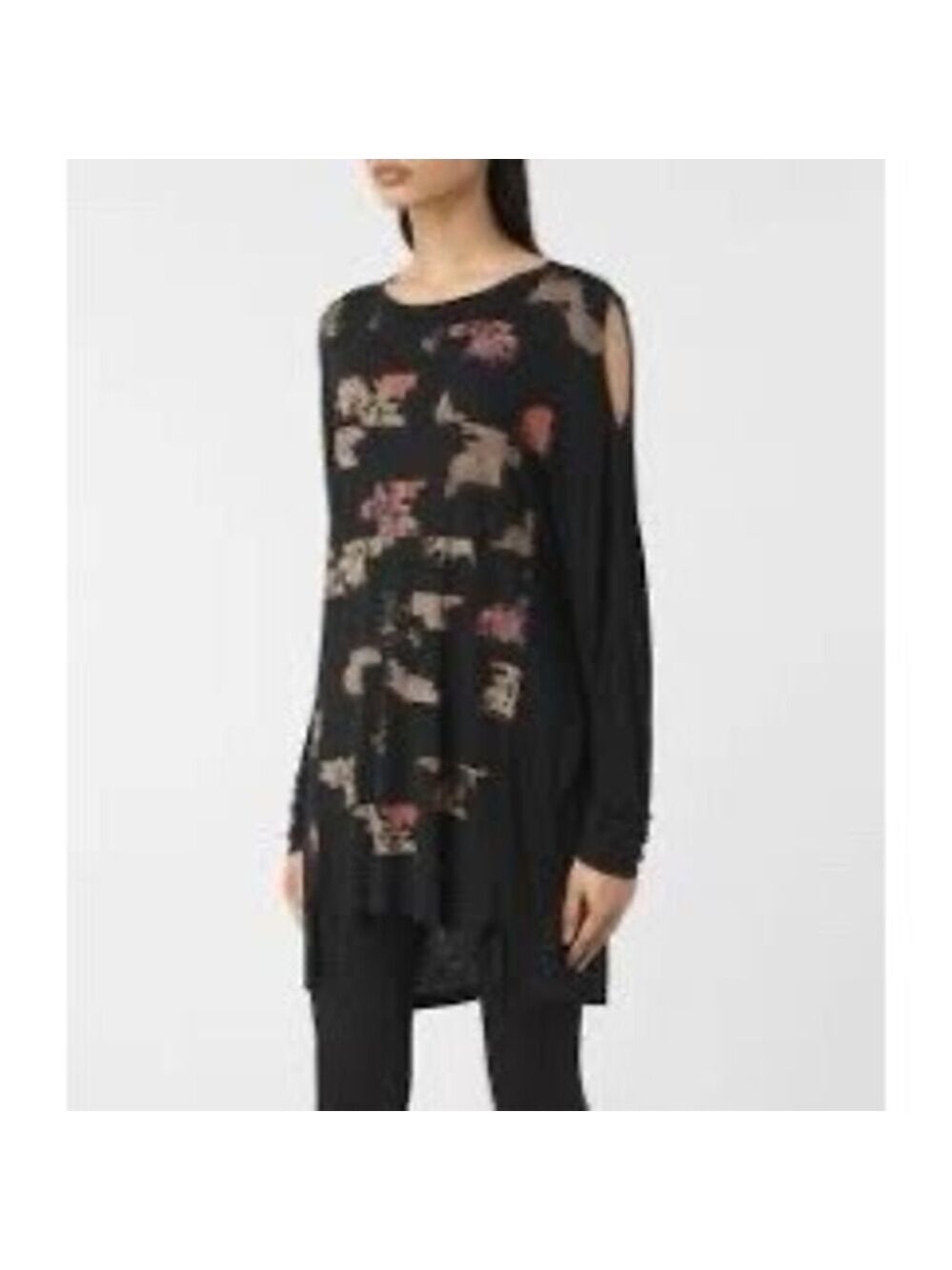 AllSaints Arosa  Aino Tunic Top Womens XS Black Floral Cold Shoulder Long Sleeve